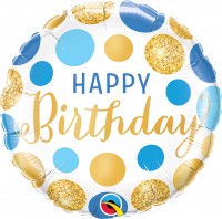 Folienballon HBD Birthday Blue & Gold Dots